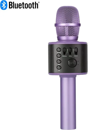 Vista 3 de Micrófono de karaoke inalámbrico Bluetooth con altavoces incorporados + grabación HD, micrófono portátil de mano Lila
