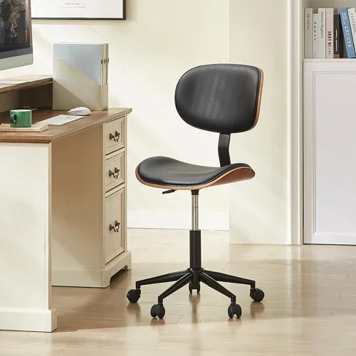 Vista 8 de Bestier Silla de oficina pequeña con soporte de respaldo de madera curvada, silla de escritorio sin brazos con giro de 360°, silla de computadora