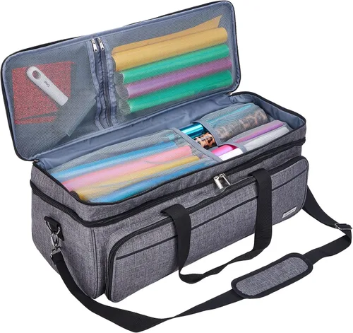 Vista 3 de Estuche de transporte de doble capa con bolsillo para tapete para Cricut Maker 4, Explore 4, múltiples compartimentos frontales grandes
