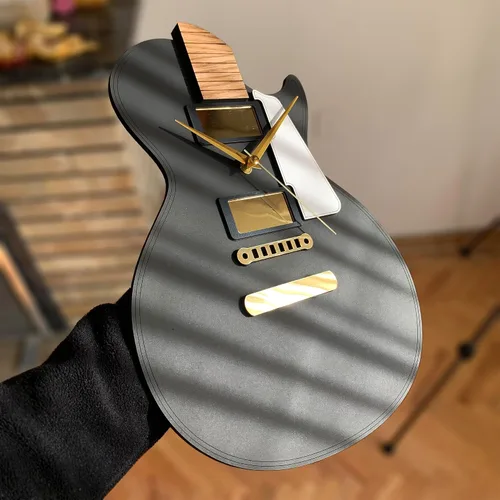 Vista 5 de goodtime Reloj de guitarra, negro y dorado, moderno, reloj silencioso, 11 x 15 pulgadas, acrílico, roble, tema musical, mecanismo de cuarzo, regalo