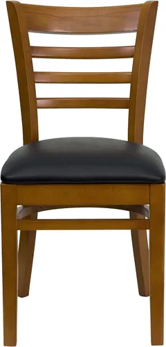 Vista 5 de EMMA + OLIVER Silla de madera de cerezo con respaldo de escalera, asiento de vinilo negro