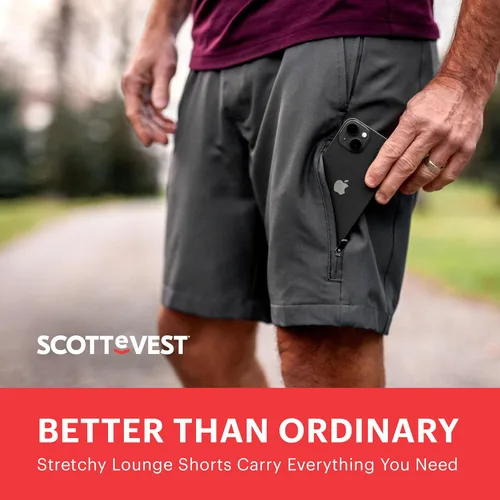 Vista 5 de SCOTTeVEST Pantalones cortos elevados para uso diario para hombre, 17 bolsillos ocultos, pantalones transpirables repelentes al agua para viajes