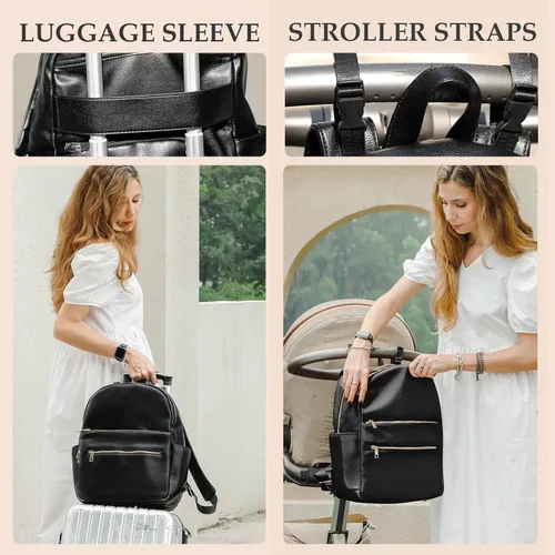 Vista 6 de Omanmoli Mochila para pañales de bebé, bolsa de pañales de cuero, mochila para mamá y papá con 18 bolsas organizadoras, 6 bolsillos aislados, Negro