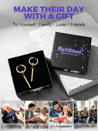 Vista 8 de Richsteel Dangle Earrings for Men,Stainless Steel Silver/Black/Gold plated Pendientes colgantes de oro B3
