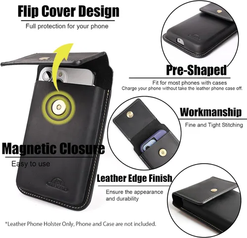 Vista 4 de Topstache Funda grande de cuero para cinturón, funda de celular con clip para cinturón para S23 S22, bolsa de cuero para iPhone 14 Pro, 14