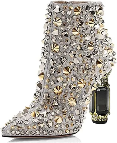 Vista 49 de FSJ Botas de tacón alto con punta puntiaguda para mujer, con tacón alto, con cremallera lateral brillante, estilo casual, para uso diario, zapatos