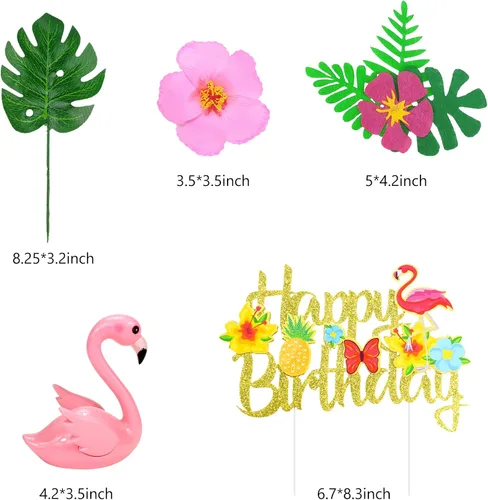 Vista 3 de 13 piezas de decoración de pastel de flamenco para tartas de verano con bonitas figuras de flamenco rosa y hojas de palmera de flores de hibisco