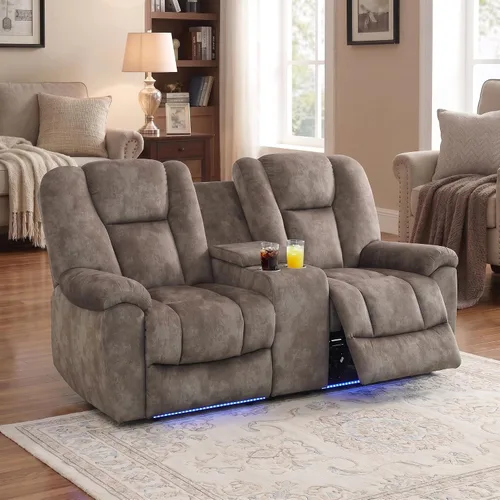 Vista 8 de Sofá reclinable con luces LED, sofá reclinable de cuero con dos asientos reclinables/puerto USB/consola de almacenamiento/soporte para vasos