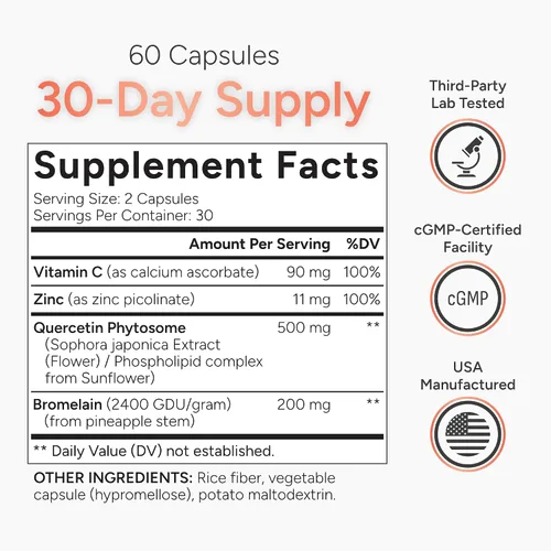 Vista 5 de Quercetina de alta absorción con bromelina, vitamina C y zinc – 500 mg de fitosoma de quercetina – 50 veces más absorción – Apoya la función inmune
