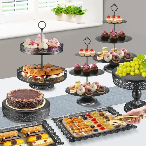 Vista 3 de Soporte de pastel negro, juegos de exhibición para mesa de postres, soporte de cupcakes metálico escalonado, bandeja de servir de comida, fruta