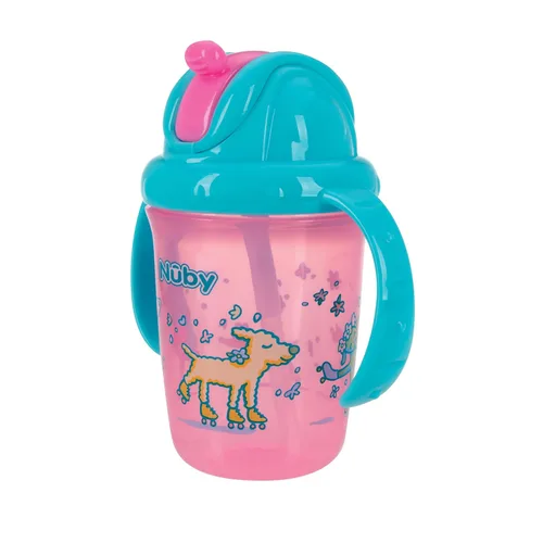 Vista 2 de Nuby Vaso de paja suave con dos asas para entrenamiento sin derrames, Flip-n Sip, paquete de 2: animales y autos azules, viajes acuáticos, animales
