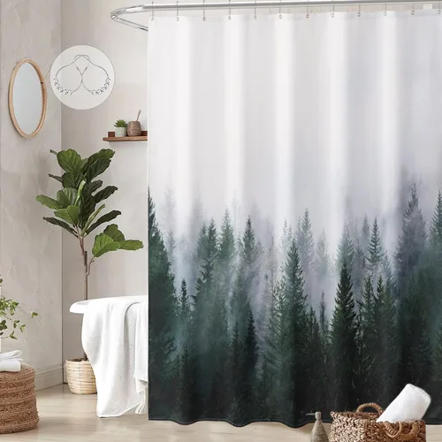 Vista 18 de ORTIGIA 36x72 Cortina de ducha de bosque nebuloso para baño pequeño, cortina de ducha estrecha de naturaleza y bosque en blanco y negro con ganchos