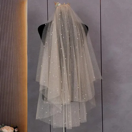 Vista 2 de Velo de novia de boda de 2 niveles de tul suave con perlas longitud de los dedos con peine