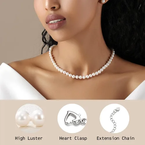 Vista 2 de PEARLMES Collar de perlas cultivadas de agua dulce blancas para mujer, collar de perlas reales con perlas seleccionadas a mano, collares de perlas