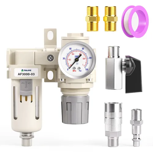 Vista 18 de TAILONZ PNEUMATIC Regulador de presión de filtro de aire de drenaje automático NPT de 1/2 pulgada Combo Piggyback, filtro compresor de herramienta