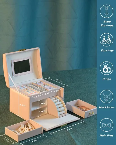 Vista 2 de GDJMLai Joyero para mujer, organizador de joyas con cerradura, caja de anillos con espejo, organizador de collares, artículos esenciales de viaje