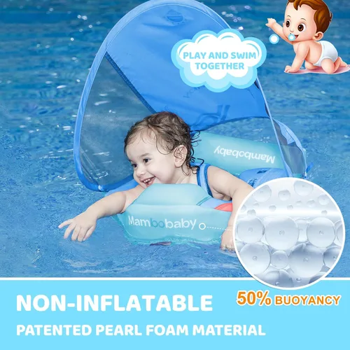 Vista 2 de Mambobaby Baby Float with Canopy & Tail Non-Inflatable Baby Swim Float Upgrade Soft Infant Pool Float Sun Protection Newborn Pool Float 3-24 Months