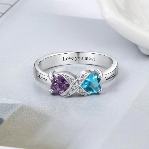 Vista 5 de Anillo personalizado para madres infinitas con 2 piedras natales de imitación de corazón, anillos de compromiso para mujer