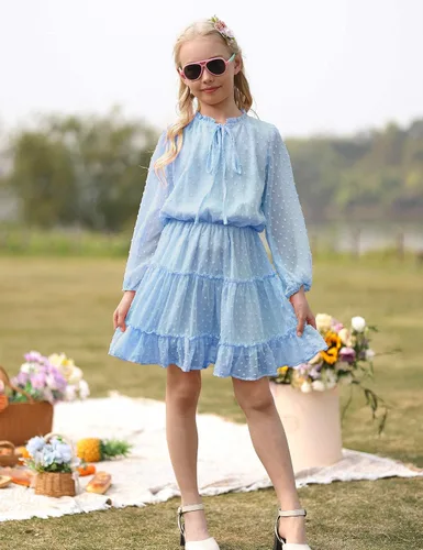 Vista 4 de DONWEN Vestido de punto suizo para niña, manga larga, vestido de gasa fluido, vestido de primavera y verano, con lazo frontal, vestidos casuales