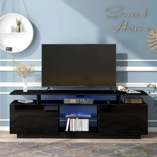 Vista 24 de Soporte de TV versátil de alto brillo con luces LED que cambian de color y 2 estantes de vidrio templado, centro de entretenimiento para televisores