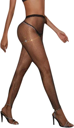 Vista 3 de Pantalones sexys de malla con diamantes de imitación de cristal para mujer, leggings de malla calada, para fiesta, rave, festival, club, salida
