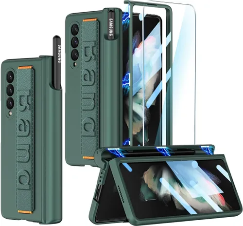 Vista 5 de Funda para Samsung Galaxy Z Fold 3 con correa para la muñeca, protector de pantalla y ranura para S Pen, bisagra magnética protectora ultradelgada a