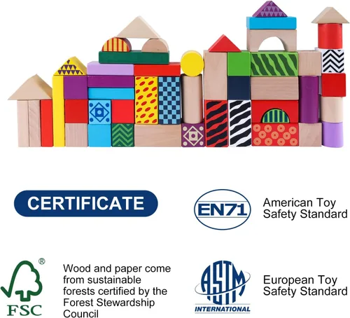 Vista 2 de Offelec Juego de 50 bloques de construcción de madera con cubo de almacenamiento, bloques apilables Montessori y juguetes de clasificación de formas