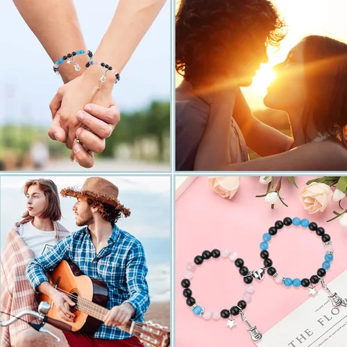 Vista 13 de 2 pulseras magnéticas para parejas, piedra natural negra mate, cristal para votos de amor eterno, juego de pulseras de cuentas de piedra de energía
