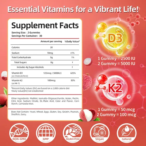 Vista 2 de Gomitas de vitamina D3 K2 con magnesio sin azúcar, 60 unidades Vitamina D3 5,000 UI + K2 (MK-7) 100 mcg - Suplemento de vitamina K2 D3 vegano