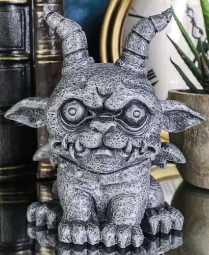Vista 2 de Ebros - Figura gótica de gárgola de bulldog con cuernos y Agamon, pequeña estatua de decoración de fantasía mítica de 3.75 pulgadas de alto como