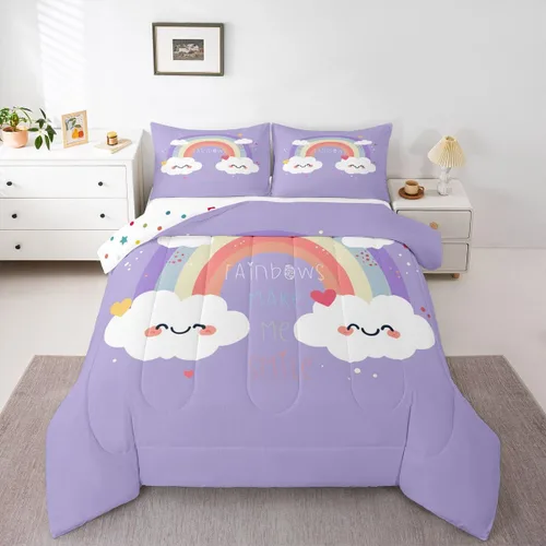 Vista 10 de Erosebridal Juego de edredón arcoíris de 2 piezas, edredón de nube de dibujos animados kawaii iridiscente individual para niños, niñas, mujeres