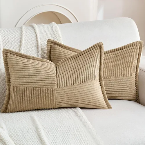 Vista 39 de HAUSSY Paquete de 2 fundas de almohada de 16 x 16 pulgadas, fundas decorativas de pana suave, estilo bohemio, a rayas, sólidas, decoración