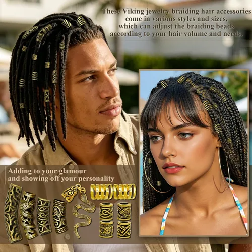 Vista 4 de 207 piezas de joyería para cabello vikingo, cuentas de runas nórdicas en tubo, kit de accesorios para trenzas, rastas, barba, locs, clips metálicos