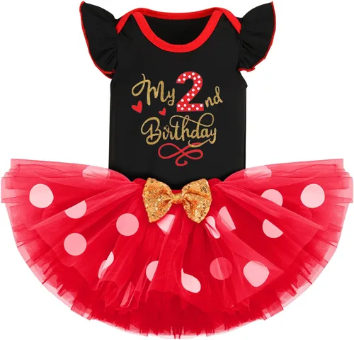Vista 10 de IMEKIS Conjunto de mameluco para bebé niña de primer y tercer cumpleaños + falda tutú de lunares + diadema para niños pequeños sesión de fotos