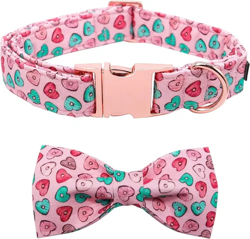 Vista 11 de Maca Bates - Collar de perro para el día de San Valentín con lazo elegante para perros extra pequeños, patrón de corazones rosados, ajustable