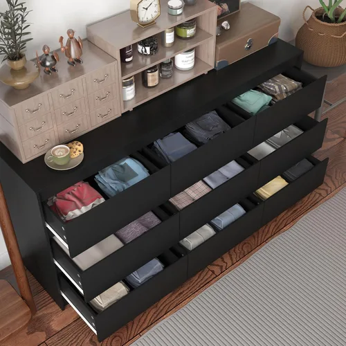 Vista 7 de Cómoda de 9 cajones para dormitorio con cajones profundos, cómodas grandes de piso de madera y cajoneras sin manijas, cómodas largas negras modernas