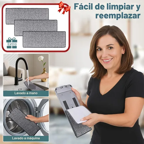 Vista 4 de Trapeador plano con 3 almohadillas, mopas de microfibra para limpieza de pisos con mango ajustable de 73.7-124.5 cm, mopa de polvo para pisos