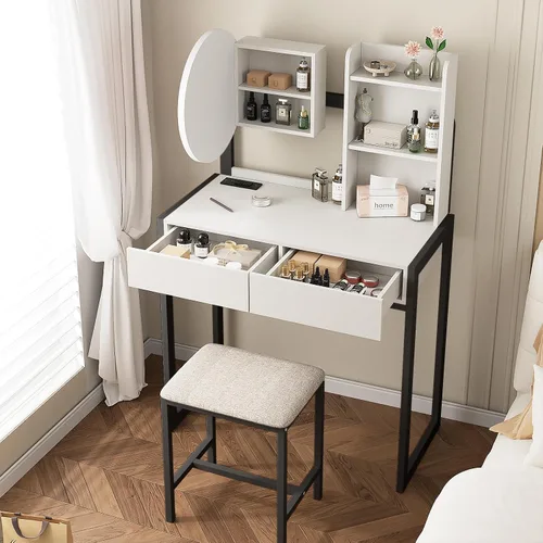 Vista 4 de Mesa de tocador pequeña con espejo y luces, mesa de tocador de maquillaje con espejo LED, 3 modos de iluminación, toma de corriente, cajón, estantes