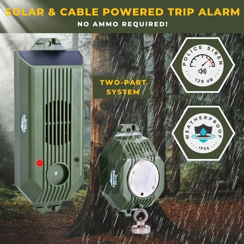 Vista 2 de Alarma perimetral de cable Tactiko Wire Trip 2.0, 129 dB recargable – Alambre de Kevlar de 24.4m, solar/USB, resistente a la intemperie, disuasorio
