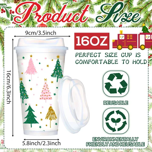 Vista 2 de Bokon 12 piezas de tazas de plástico transparente reutilizables de Navidad a granel, 16 oz, tazas de árbol de Navidad de estilo bohemio, tazas