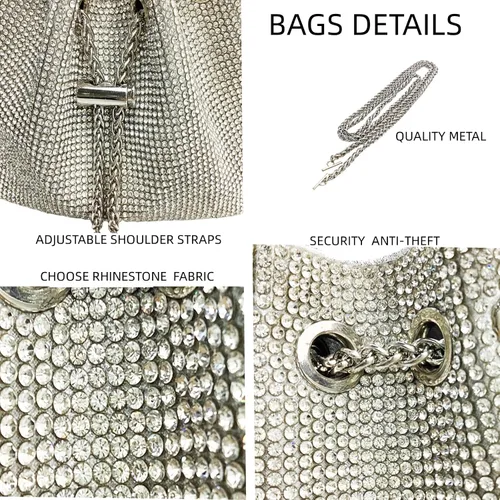 Vista 7 de Bolsas de diamantes de imitación para mujer, bolso de mano con lentejuelas brillantes, bolso de noche para boda, cóctel, graduación, fiesta, club
