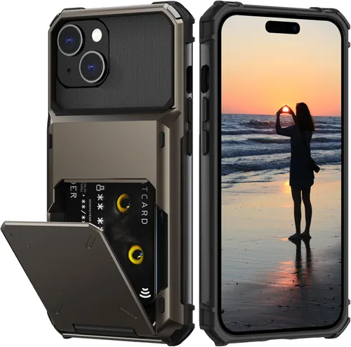 Vista 16 de Nvollnoe Compatible con iPhone 15 Funda con ranura para tarjetas, resistente, protectora de doble capa, a prueba de golpes, ranura oculta