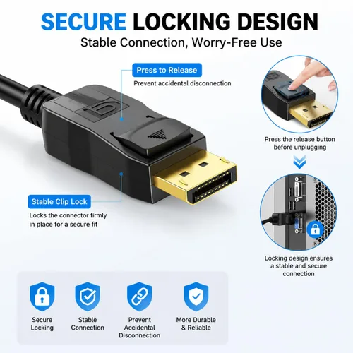 Vista 3 de Cable USB C a DisplayPort 1.4 de 8K de 6.6 pies con pestillo, 8K @60Hz 4K a 144Hz USB C a DP, USB-C a puerto de pantalla, cable Thunderbolt 4/3