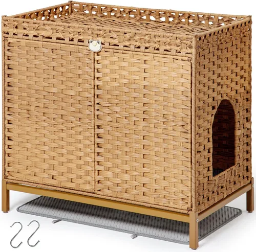 Vista 13 de SETVSON Caja de Arena para Gatos para 2 Gatos, Mueble Oculto de Caja de Arena con Alfombra, Casa Grande de Ratán para Gatos con Habitación Doble