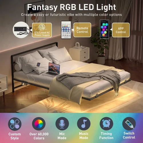 Vista 3 de Marco de cama flotante completo con cabecero, marco de cama de plataforma moderna con luces LED y estación de carga USB, marco de cama de metal