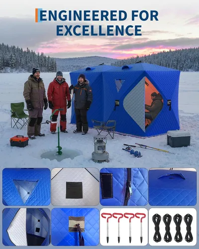 Vista 3 de Tienda de campaña de pesca en hielo desplegable para 6-8 personas con configuración desplegable de 60 segundos, aislamiento superior de triple capa