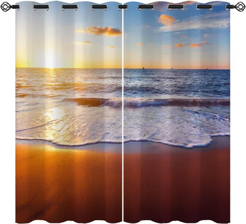 Vista 13 de Cortinas opacas de arena para niñas y niños, decoración del hogar, vacaciones, playa, agua azul, puesta de sol, nubes, ojales, aislamiento térmico