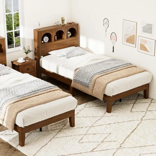 Vista 3 de Lxsxlome - Marco de cama individual con cabecera ondulada, cabecera de madera con 3 compartimentos de almacenamiento arqueados, plataforma de cama