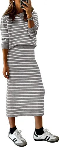 Vista 17 de PRETTYGARDEN - Conjunto de falda de suéter a rayas de 2 piezas para mujer Rayas de albaricoque