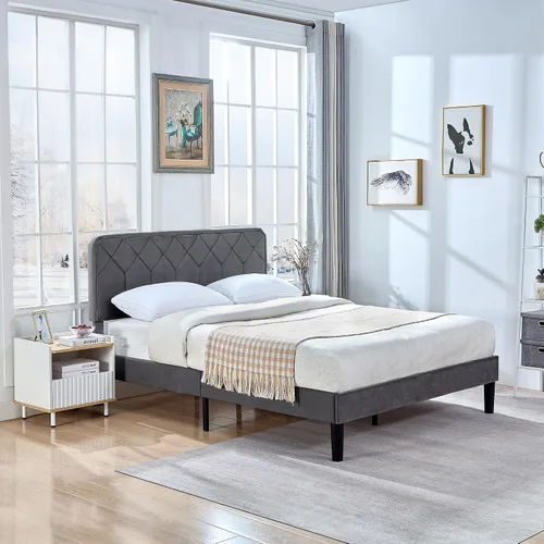 Vista 9 de VECELO Base de cama tamaño Queen con plataforma tapizada de cuero de alta calidad con cabecera ajustable en altura / base de colchón, soporte